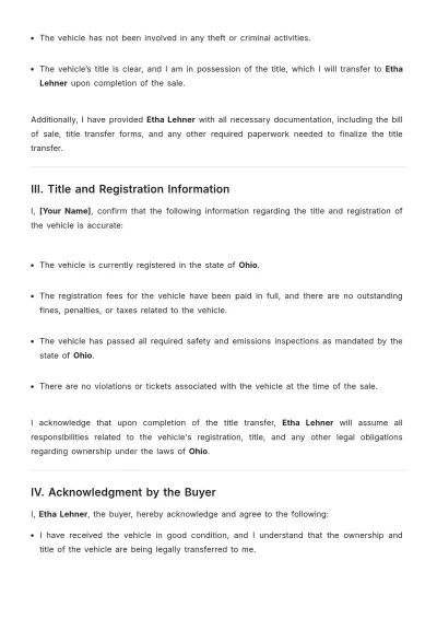 Free Affidavit of Vehicle Sale Template to Edit Online