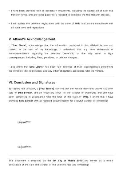 Free Affidavit of Vehicle Sale Template to Edit Online