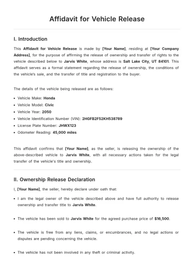Free Affidavit for Vehicle Release Template to Edit Online