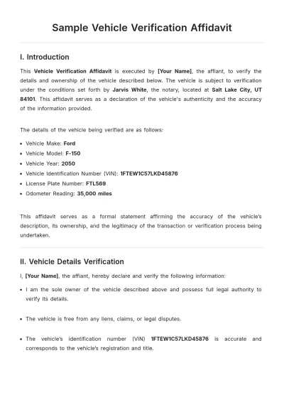 Free Sample Vehicle Verification Affidavit Template to Edit Online