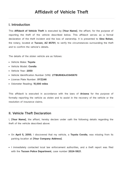 Free Affidavit of Vehicle Theft Template to Edit Online