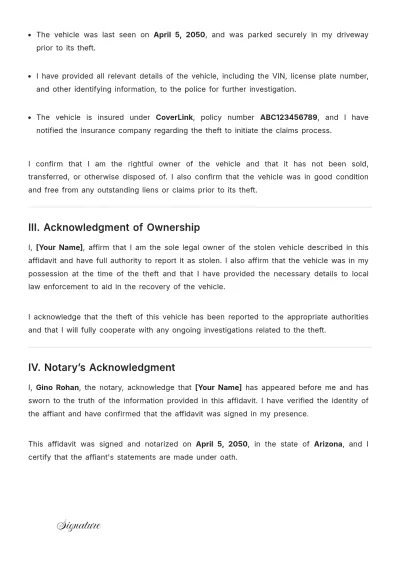 Free Affidavit of Vehicle Theft Template to Edit Online