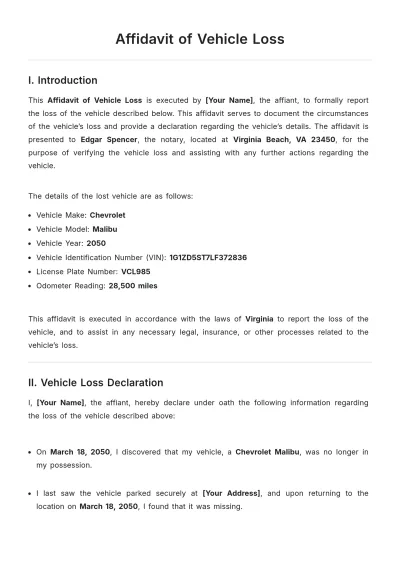 Free Affidavit of Vehicle Loss Template to Edit Online