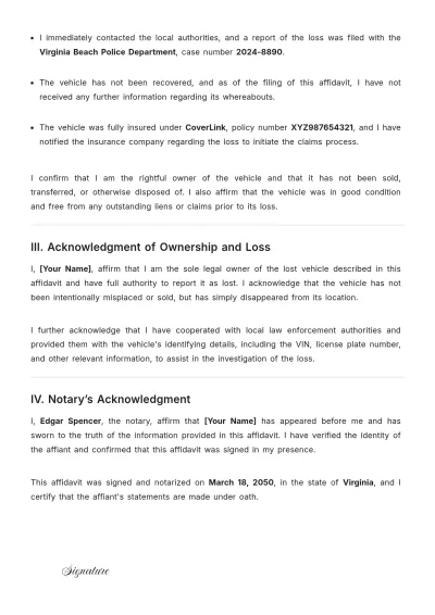 Free Affidavit of Vehicle Loss Template to Edit Online