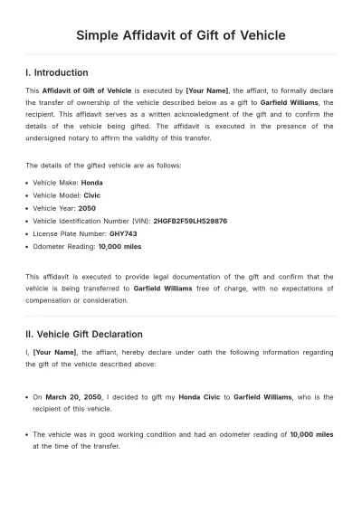 Free Simple Affidavit of Gift of Vehicle Template to Edit Online