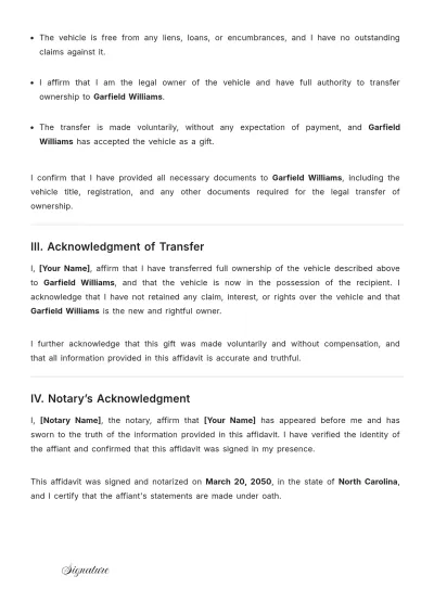 Free Simple Affidavit of Gift of Vehicle Template to Edit Online