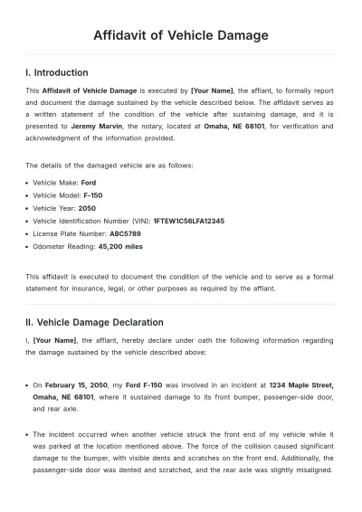 Free Affidavit of Vehicle Damage Template to Edit Online