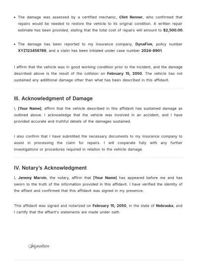 Free Affidavit of Vehicle Damage Template to Edit Online