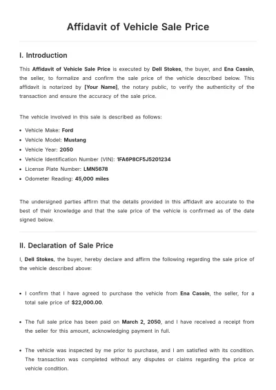 Free Affidavit of Vehicle Sale Price Template to Edit Online