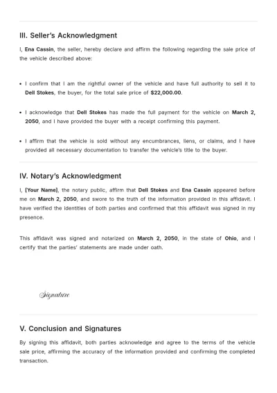 Free Affidavit of Vehicle Sale Price Template to Edit Online