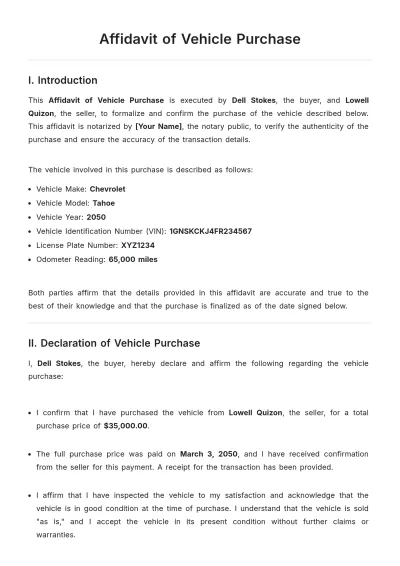 Free Affidavit of Vehicle Purchase Template to Edit Online