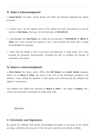 Free Affidavit of Vehicle Purchase Template to Edit Online