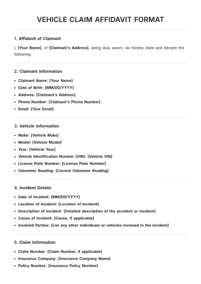 Free Vehicle Claim Affidavit Format Template to Edit Online