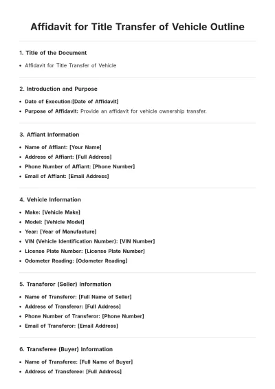 Free Affidavit for Title Transfer of Vehicle Outline Template to Edit Online