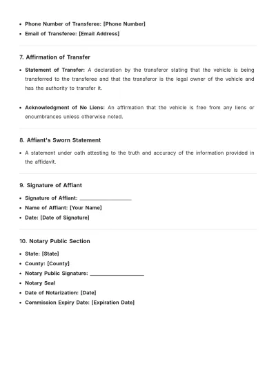 Free Affidavit for Title Transfer of Vehicle Outline Template to Edit Online