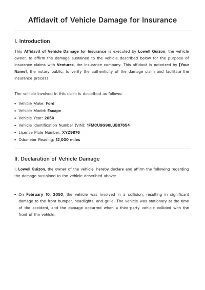 Free Affidavit of Vehicle Damage for Insurance Template to Edit Online