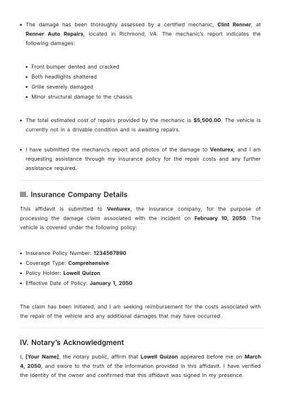 Free Affidavit of Vehicle Damage for Insurance Template to Edit Online