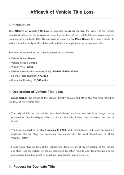 Free Affidavit of Vehicle Title Loss Template to Edit Online