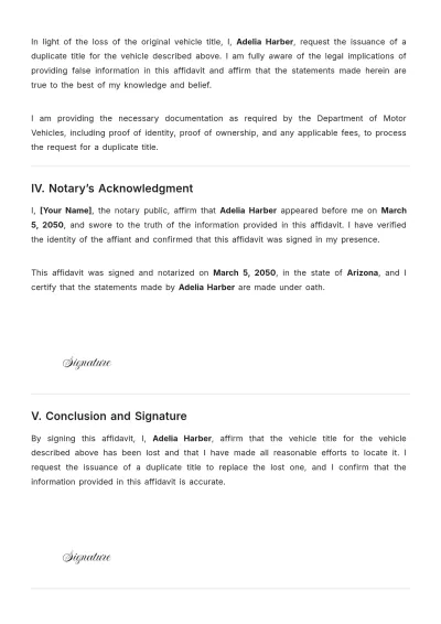 Free Affidavit of Vehicle Title Loss Template to Edit Online