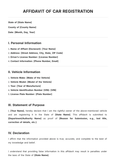 Free Affidavit of Car Registration Layout Template to Edit Online