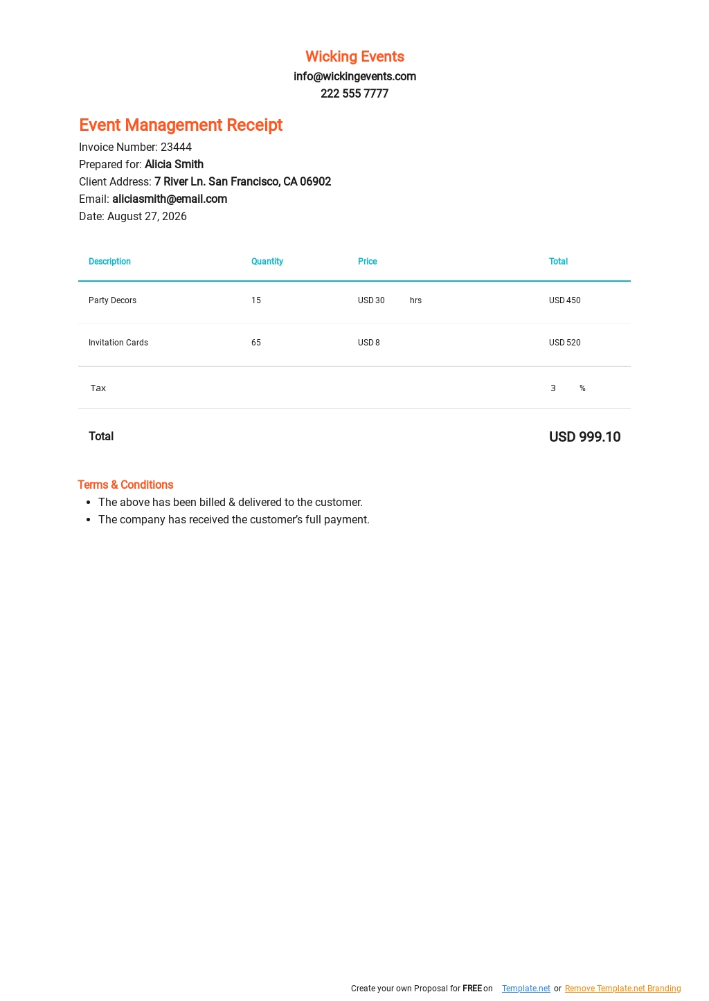 Event Planner Receipt Template Google Docs Google Sheets Excel Word Template