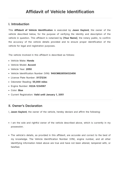 Free Affidavit of Vehicle Identification Template to Edit Online