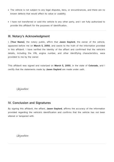 Free Affidavit of Vehicle Identification Template to Edit Online