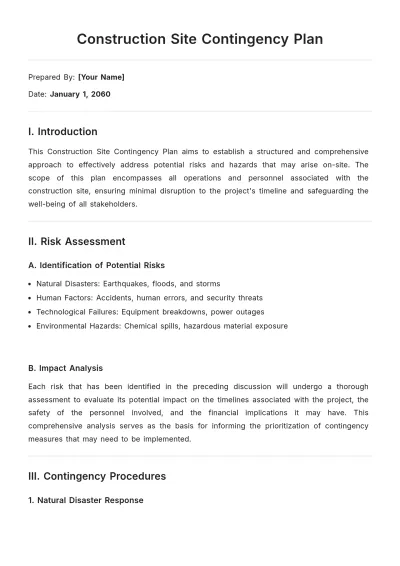 Free Construction Site Contingency Plan Template to Edit Online
