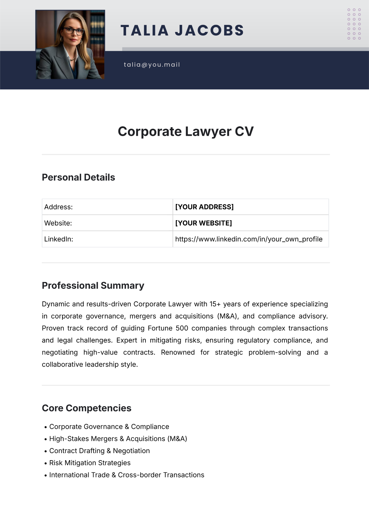 Free Corporate Lawyer CV Template - Edit Online & Download | Template.net