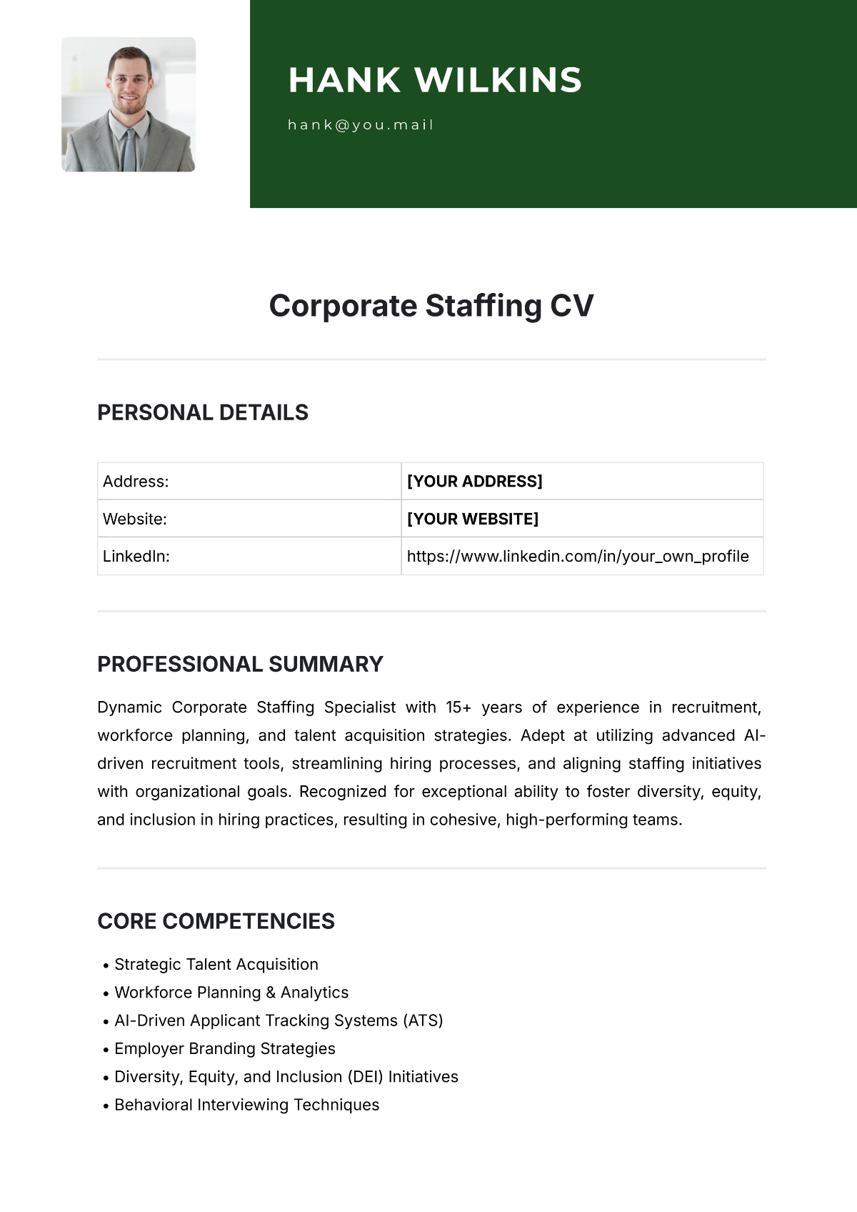 Corporate Staffing CV Template - Edit Online & Download