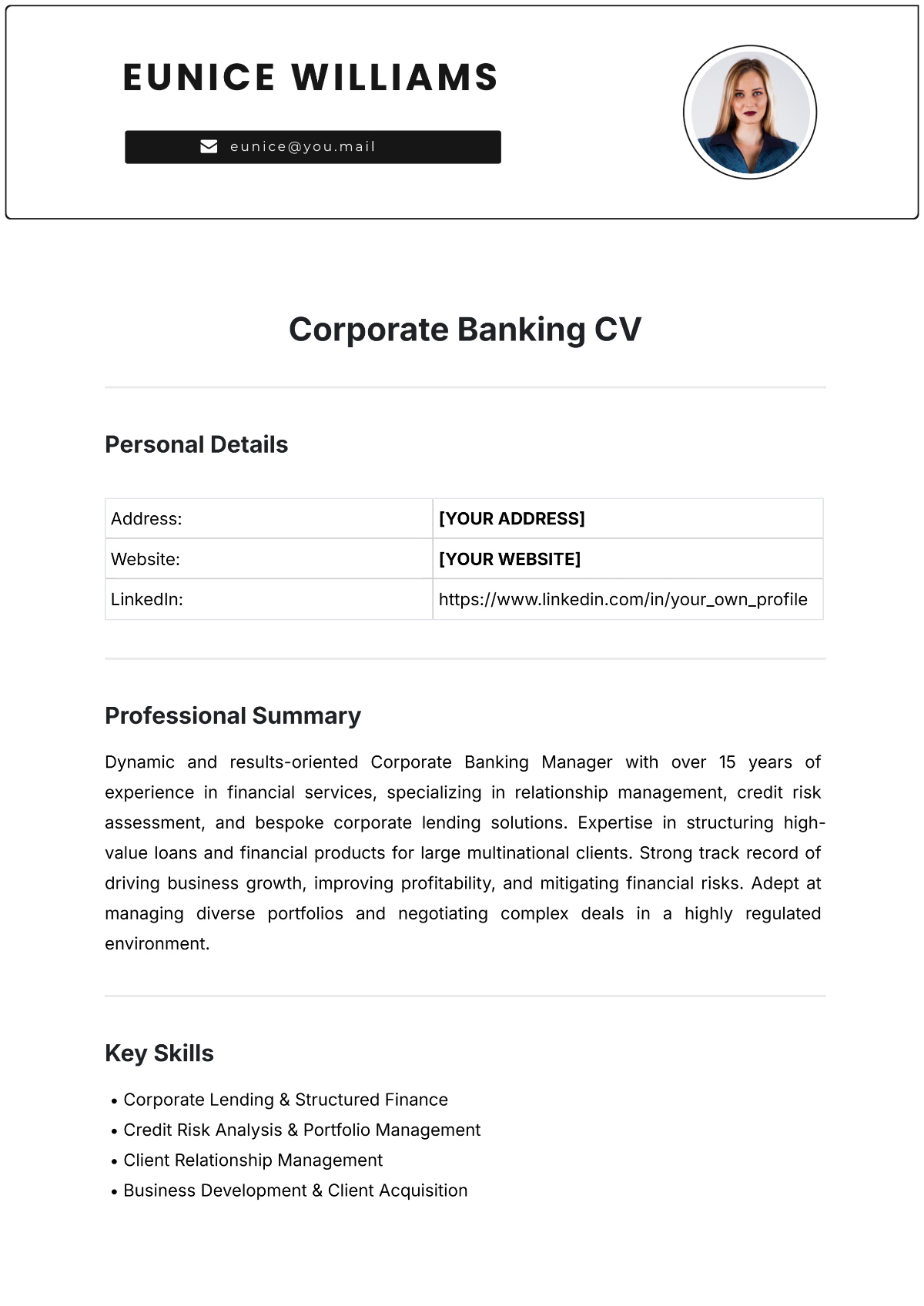 Corporate Banking CV Template - Edit Online & Download