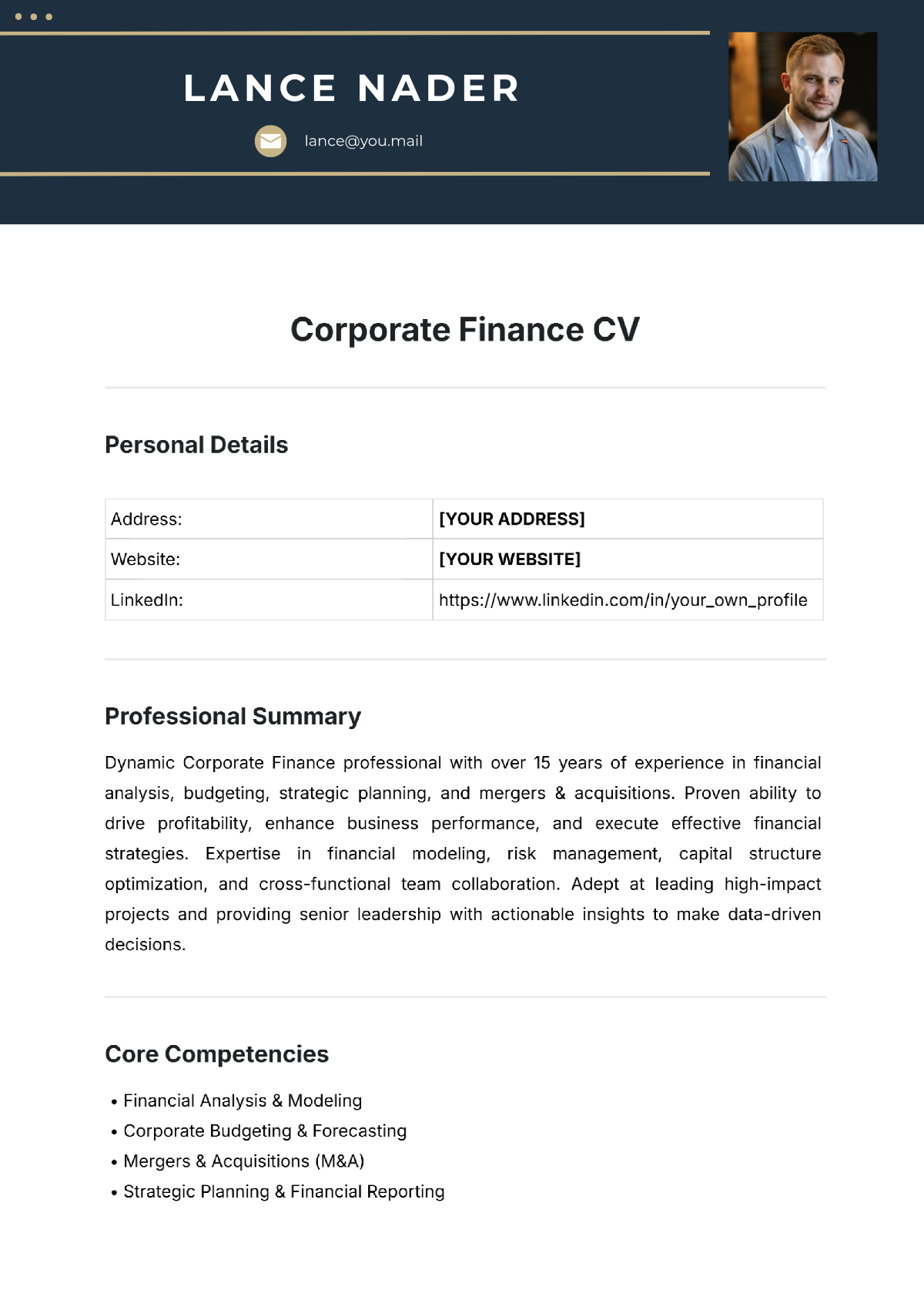 Corporate Finance CV Template - Edit Online & Download