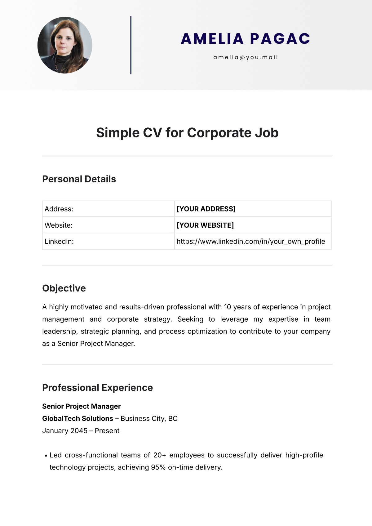 Simple CV Template for Corporate Job - Edit Online & Download