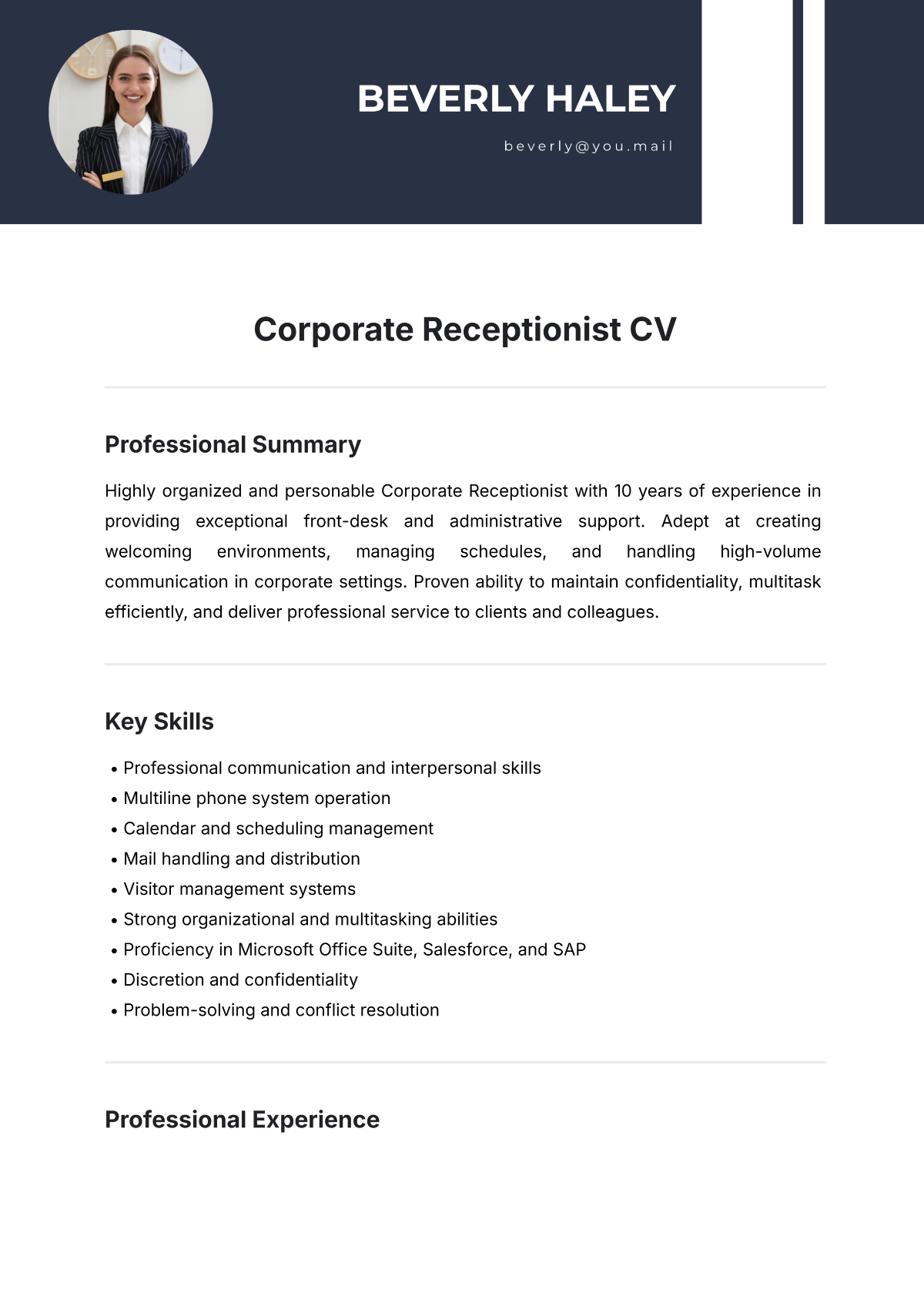 Corporate Receptionist CV Template - Edit Online & Download