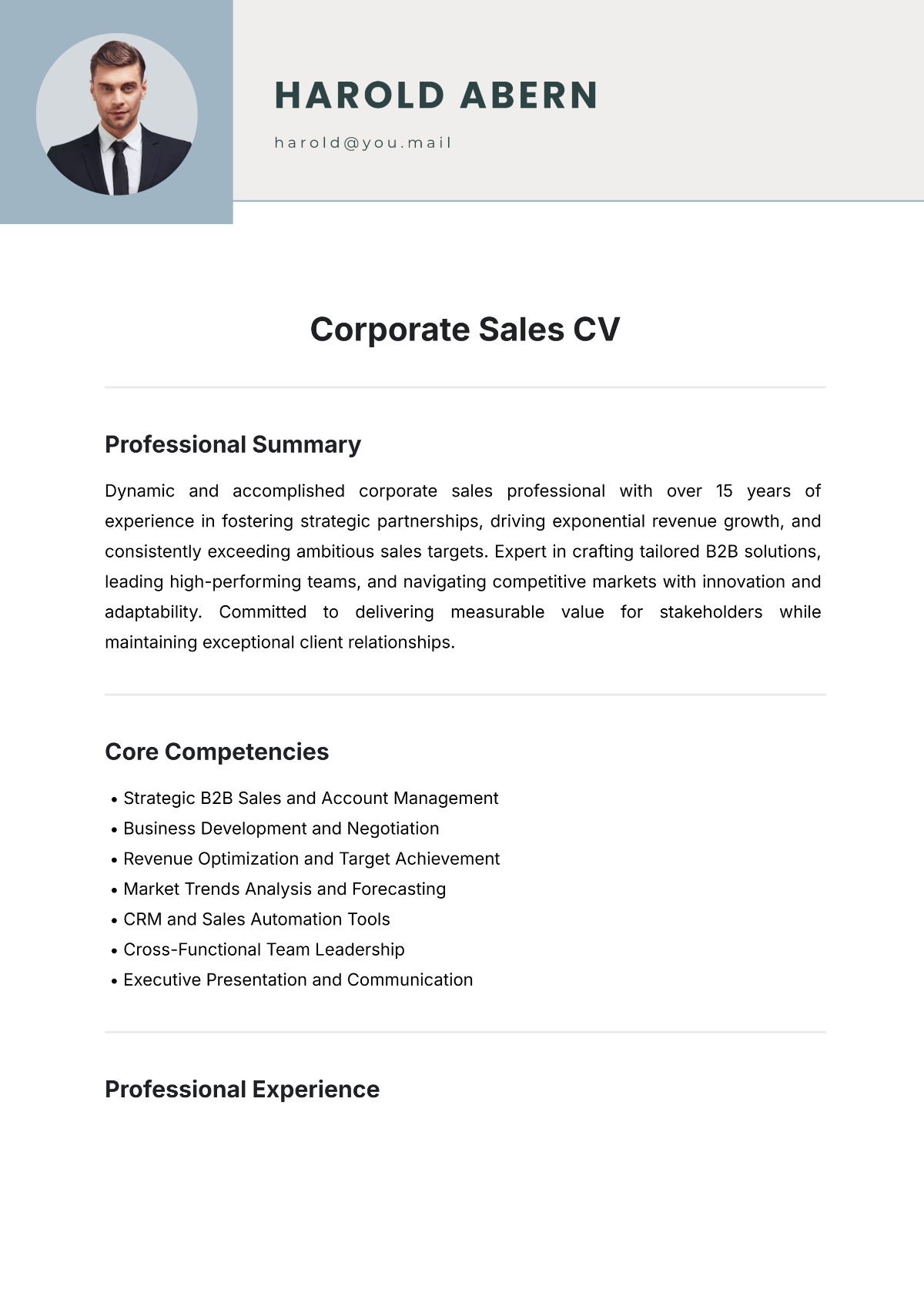 Corporate Sales CV Template - Edit Online & Download