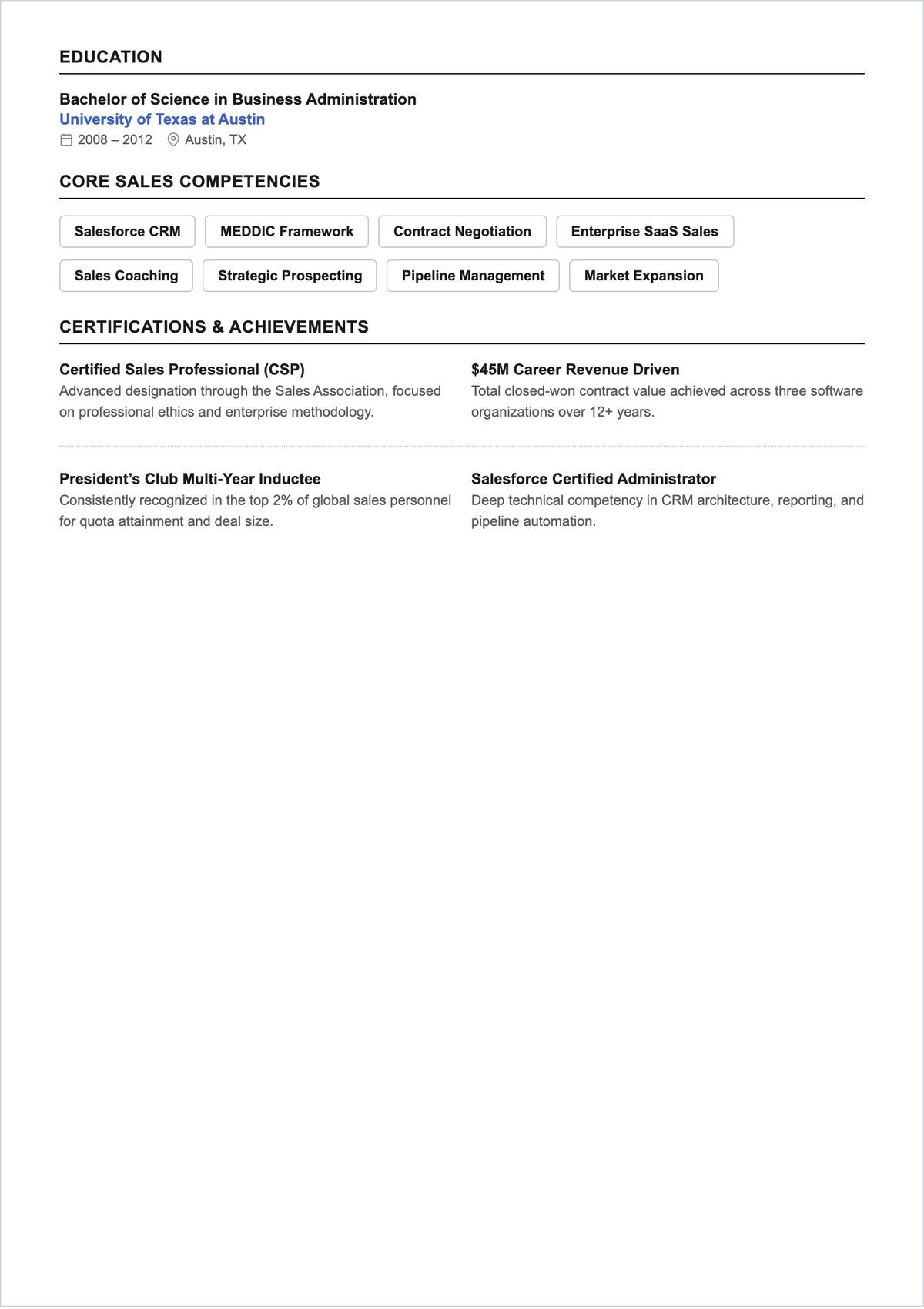 Free Corporate Sales ATS CV Template, AI CV Builder