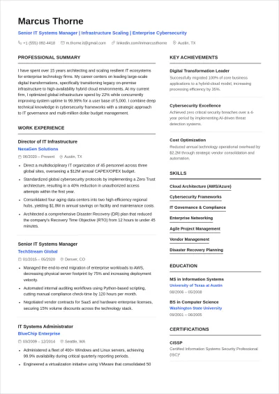 Free Corporate IT ATS CV Template, AI CV Builder