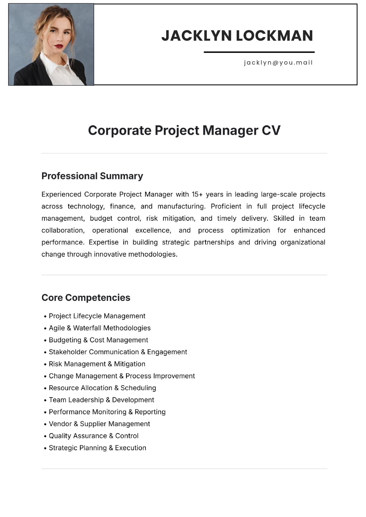 Corporate Project Manager CV Template - Edit Online & Download