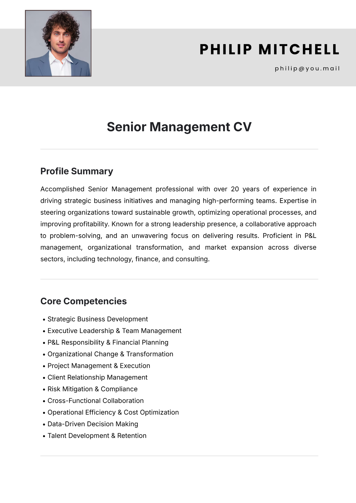 Senior Management CV Template - Edit Online & Download