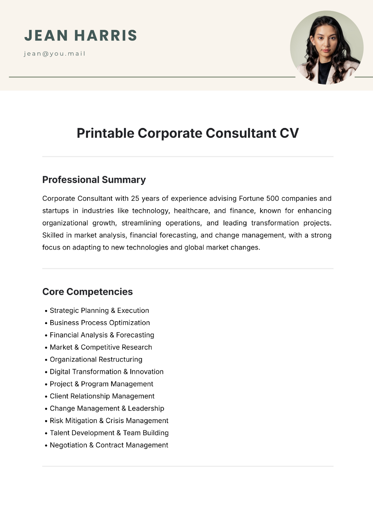 Printable Corporate Consultant CV Template - Edit Online & Download