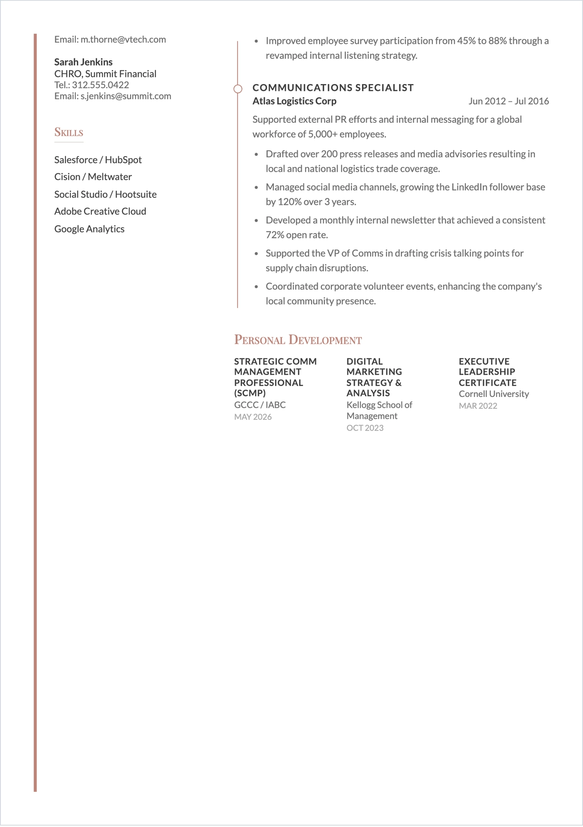 Free Corporate Communications ATS CV Template, AI CV Builder