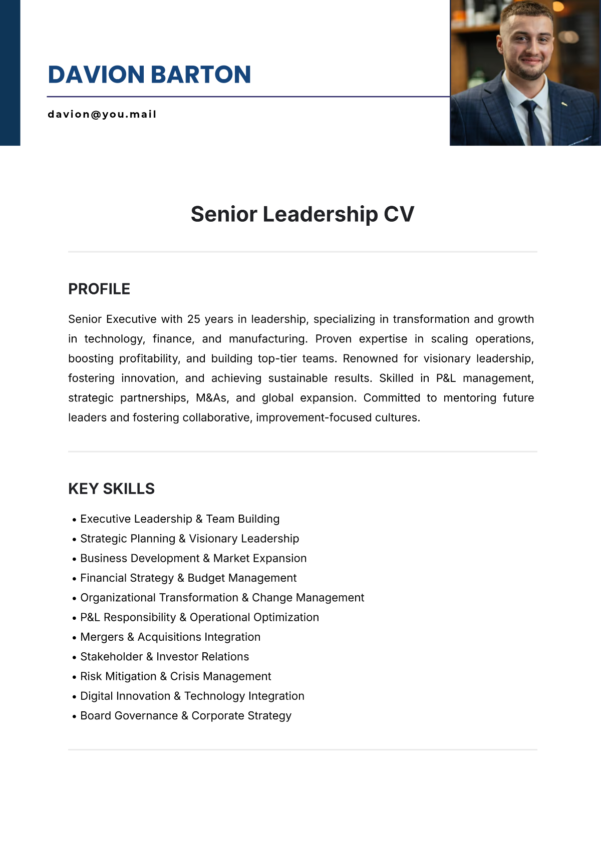 Senior Leadership CV Template - Edit Online & Download