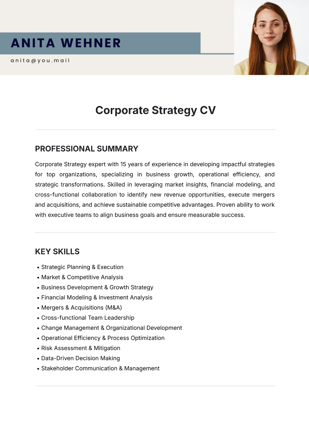 Corporate Strategy CV Template - Edit Online & Download