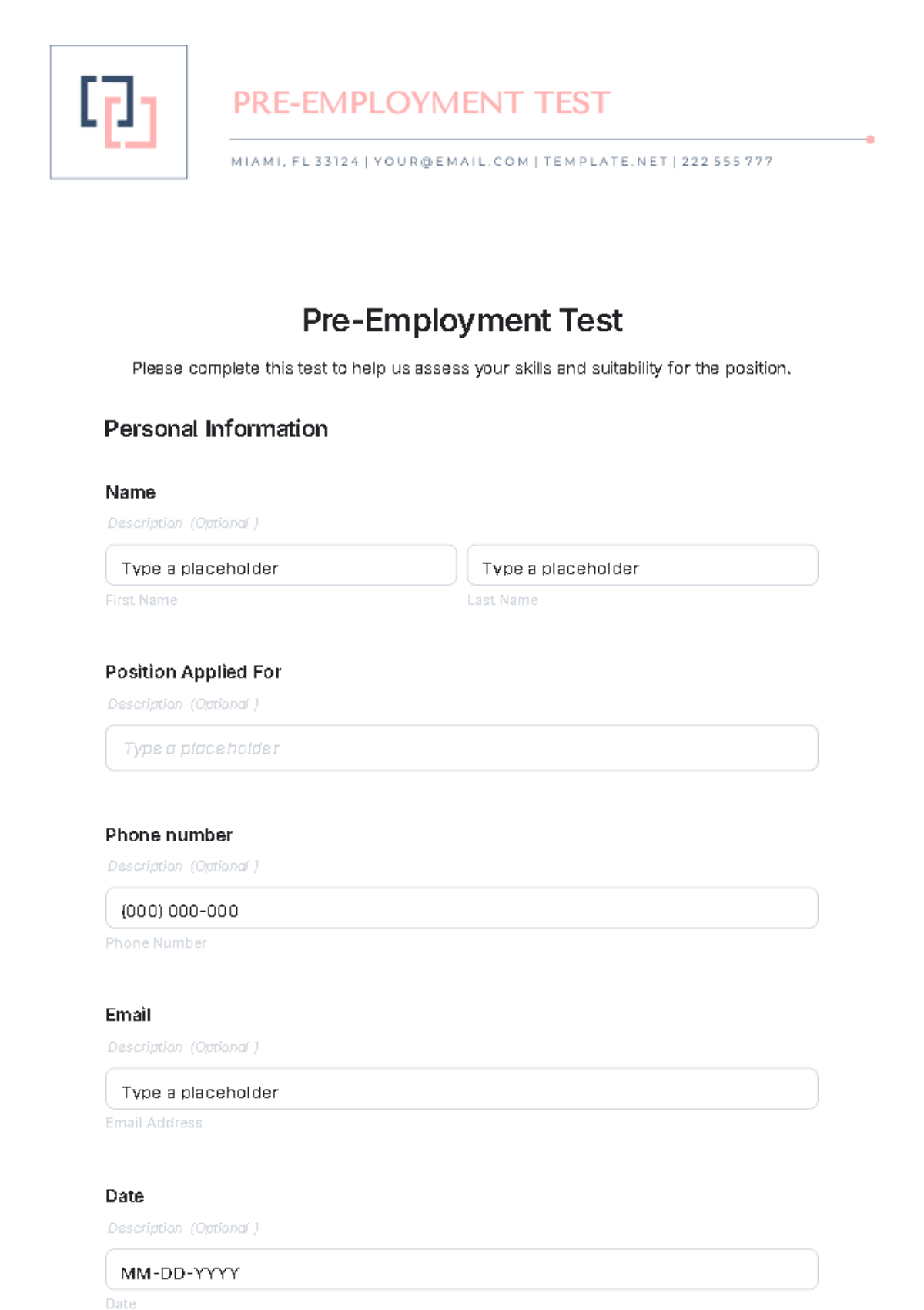 Pre-Employment Test Template - Edit Online & Download