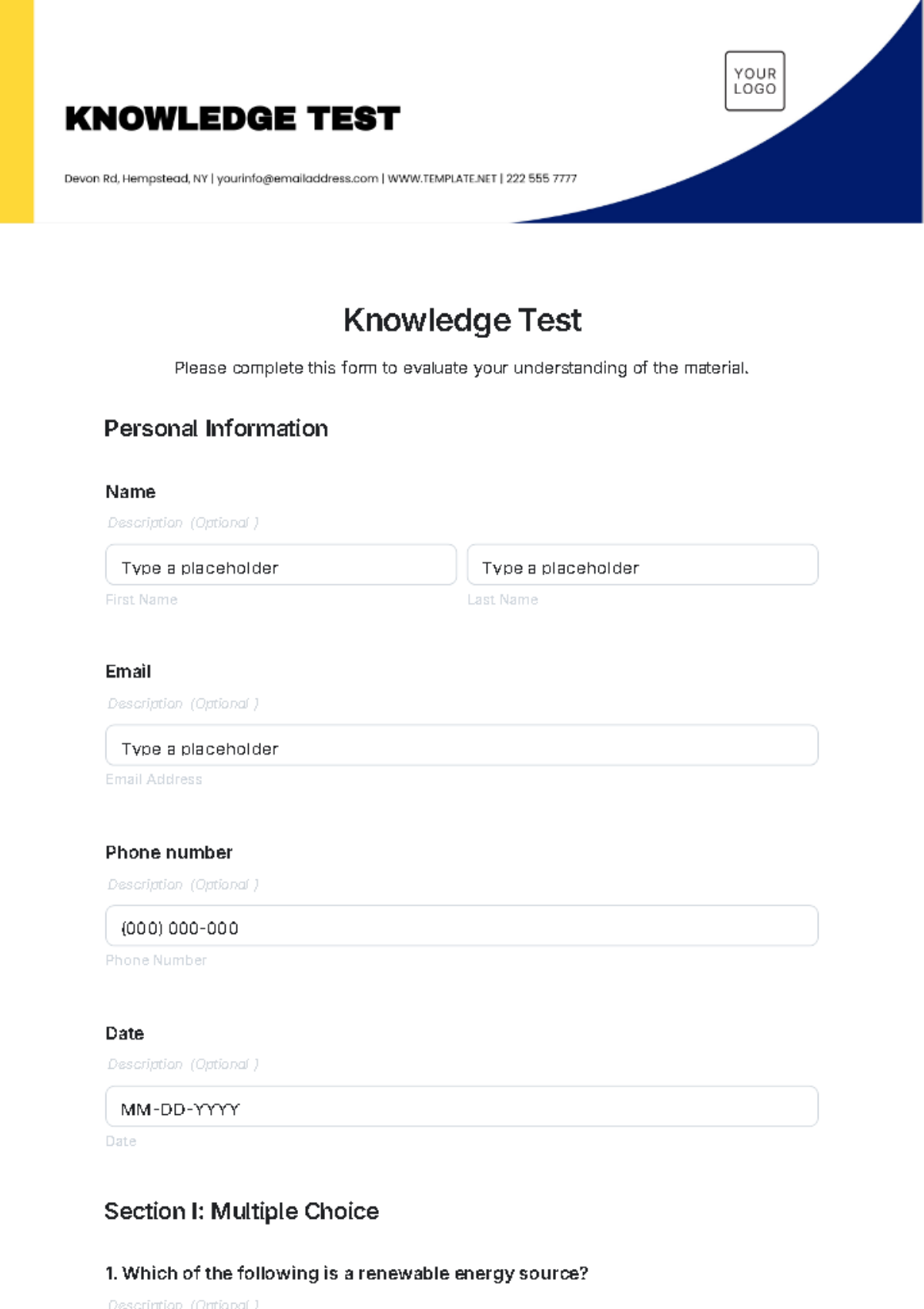 Knowledge Test Template - Edit Online & Download