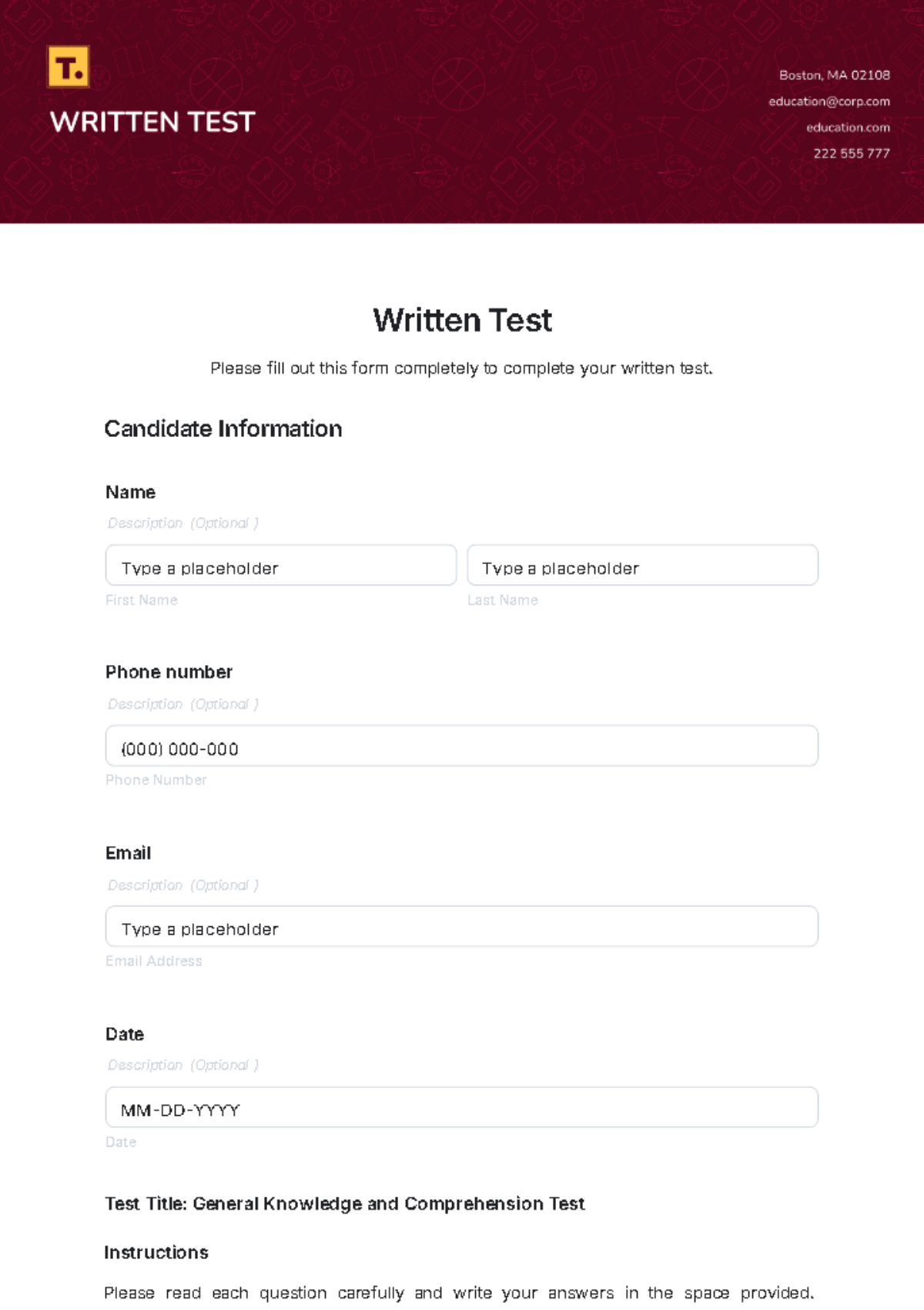 Written Test Template - Edit Online & Download