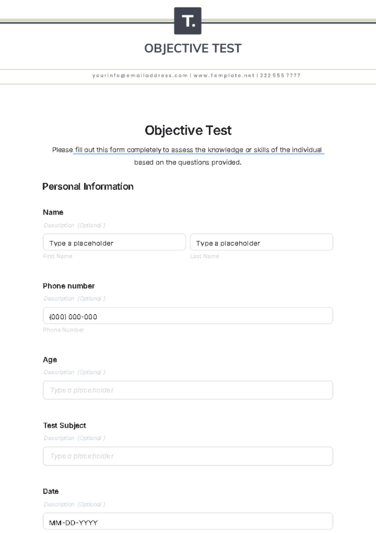 Objective Test Template - Edit Online & Download