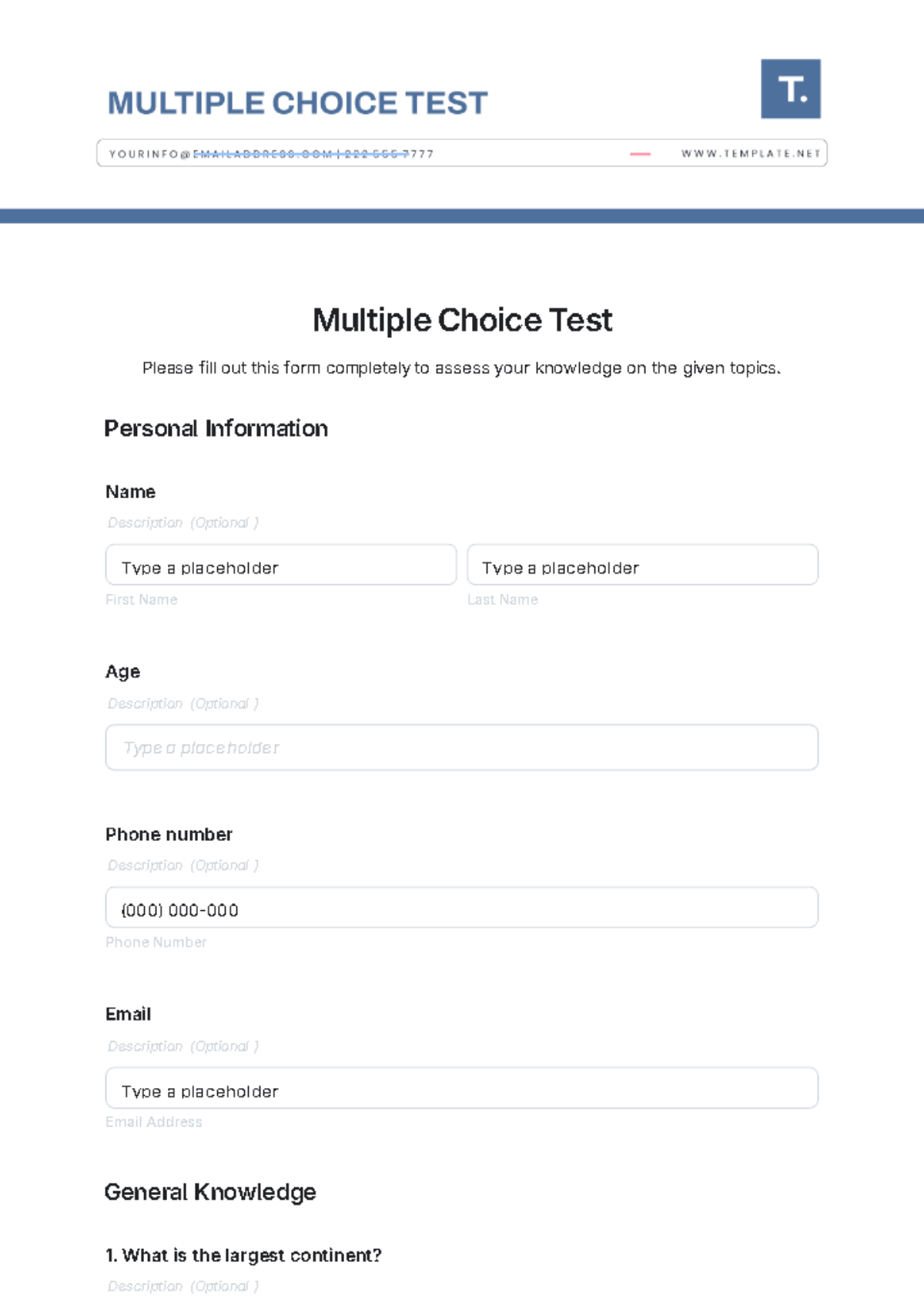 Multiple Choice Test Template - Edit Online & Download