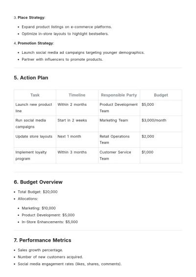 Free Simple Retail Brand Action Plan Template to Edit Online
