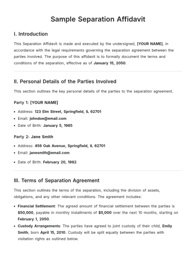 Free Sample Separation Affidavit Template to Edit Online